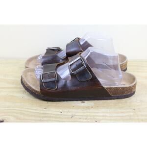 New American Eagle Mens Sandals Brown Leather 10 Slip On 2 Buckle Cork Slides